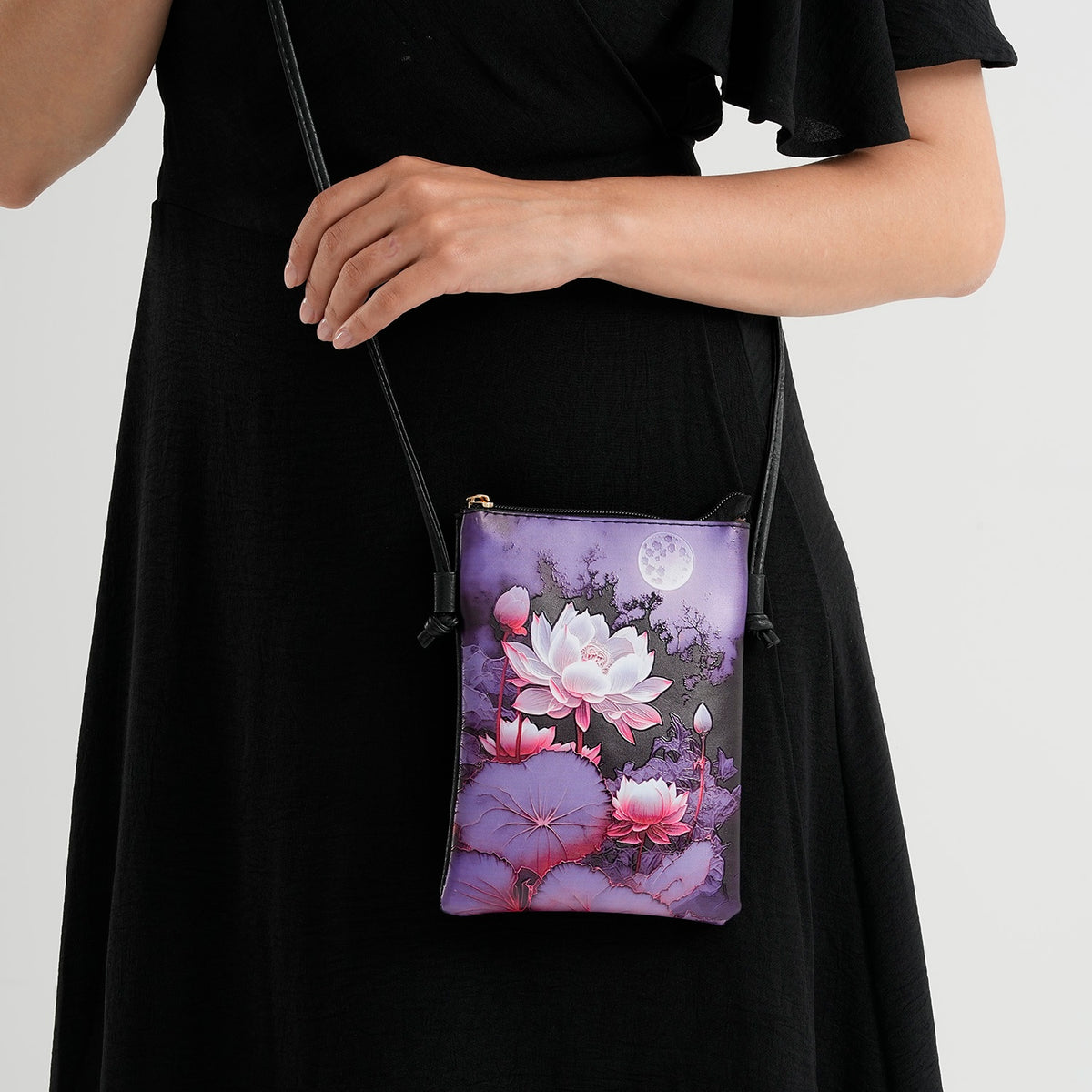 Womens RFID Blocking Lotus Print Crossbody Sling Phone Bag - Purple &amp; Black V32607219 2