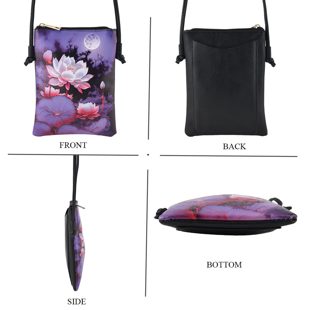 Womens RFID Blocking Lotus Print Crossbody Sling Phone Bag - Purple & Black_8508459_3