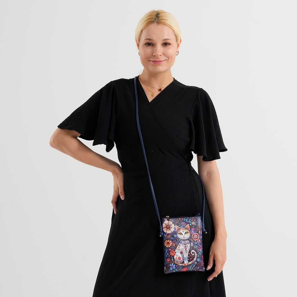 Womens RFID Blocking Multi-colour Cat Print Crossbody Sling Phone Bag - Navy Blue_8508460