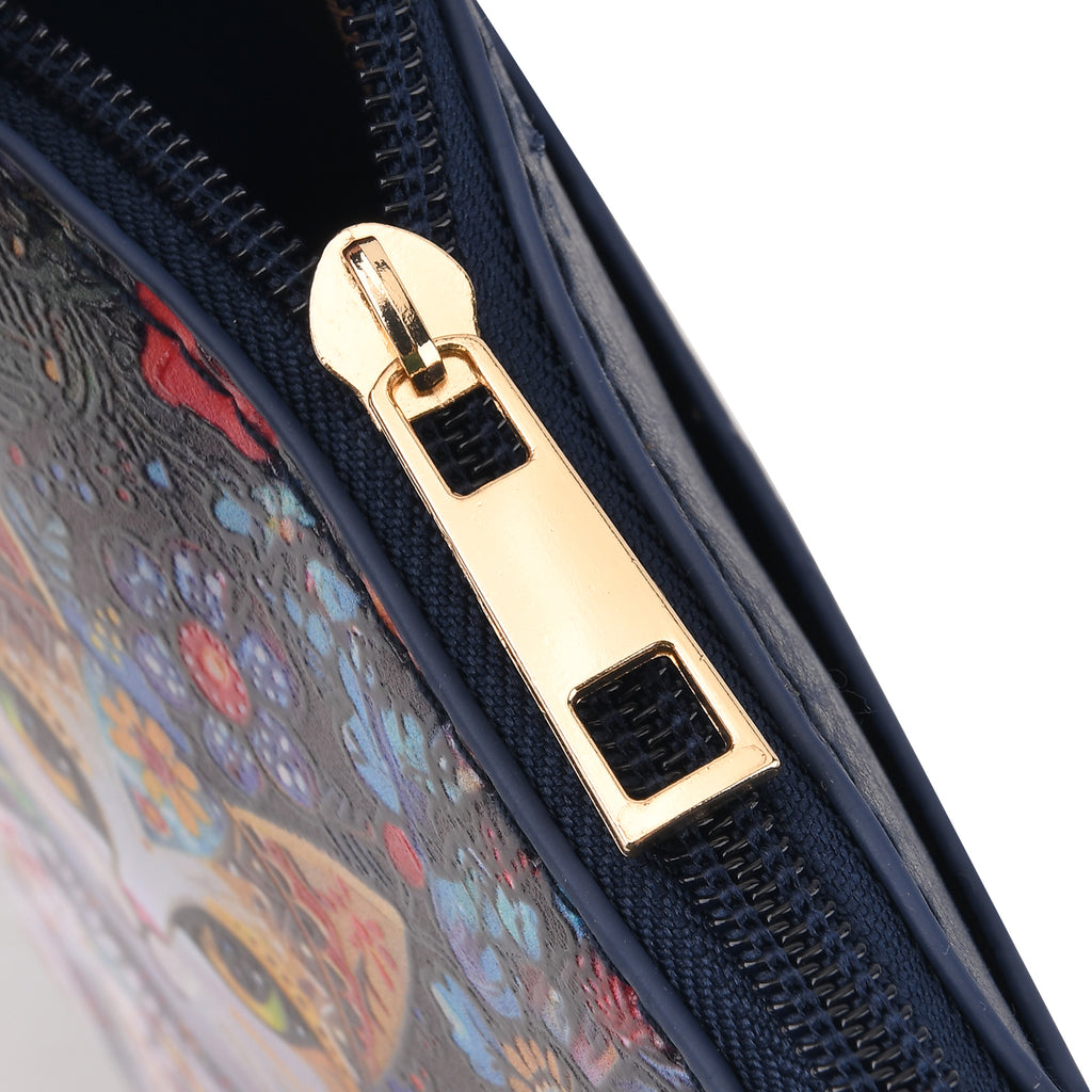 Womens RFID Blocking Multi-colour Cat Print Crossbody Sling Phone Bag - Navy Blue_8508460
