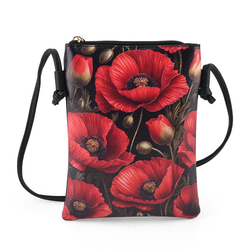 Womens RFID Blocking Red Flower Print Crossbody Sling Phone Bag - Black_8508461