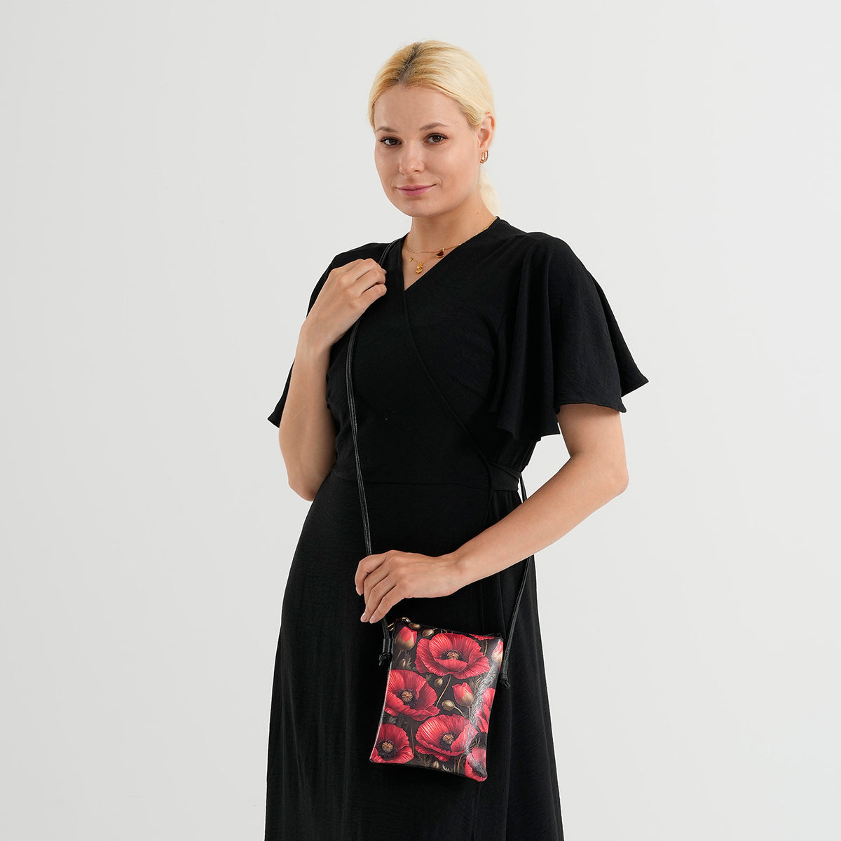 Womens RFID Blocking Red Flower Print Crossbody Sling Phone Bag - Black V32610094 1