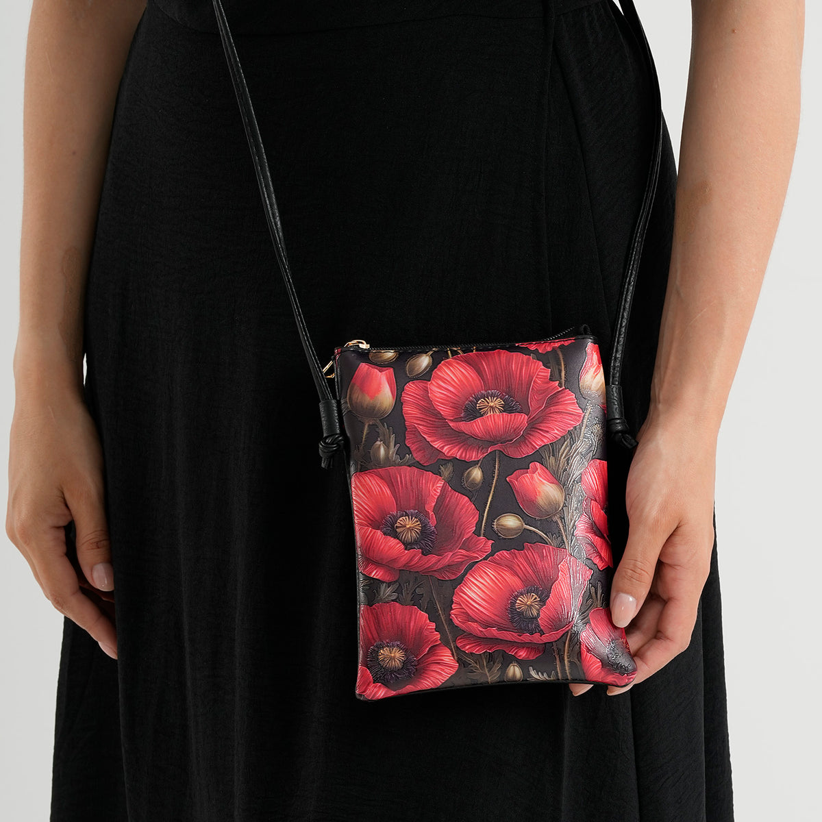 Womens RFID Blocking Red Flower Print Crossbody Sling Phone Bag - Black V32610094 2