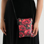 Womens RFID Blocking Red Flower Print Crossbody Sling Phone Bag - Black_8508461