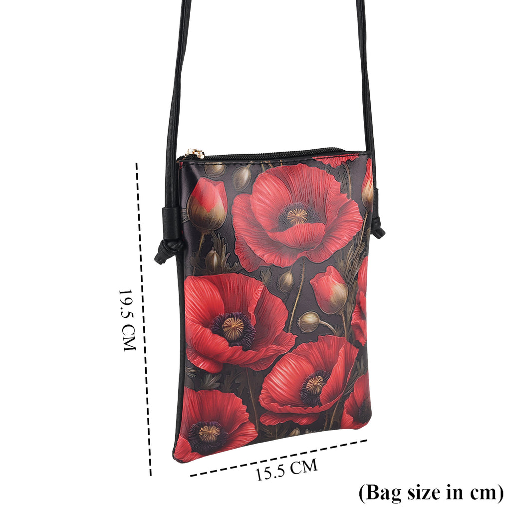 Womens RFID Blocking Red Flower Print Crossbody Sling Phone Bag - Black_8508461