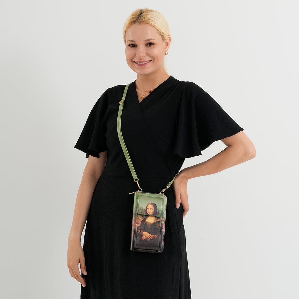 Designer Inspired Mona Lisa Portrait Phone Crossbody Bag with RFID Blocking - Green_8508481_2