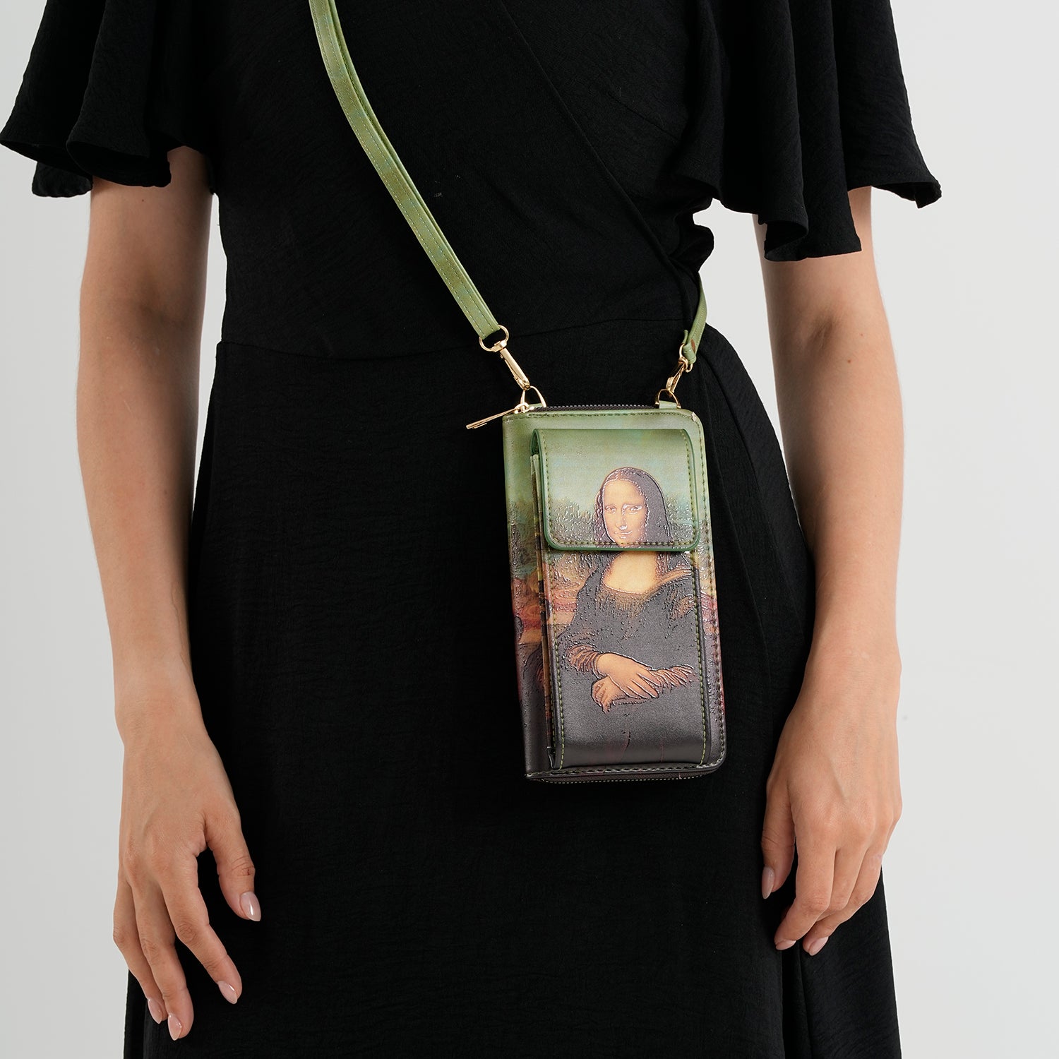 Designer Inspired Mona Lisa Portrait Phone Crossbody Bag with RFID Blocking - Green V32517979 3