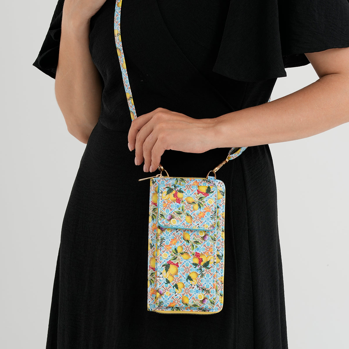 Designer Inspired Lemon Print Phone Crossbody Bag with RFID Blocking - Yellow V32698531 3