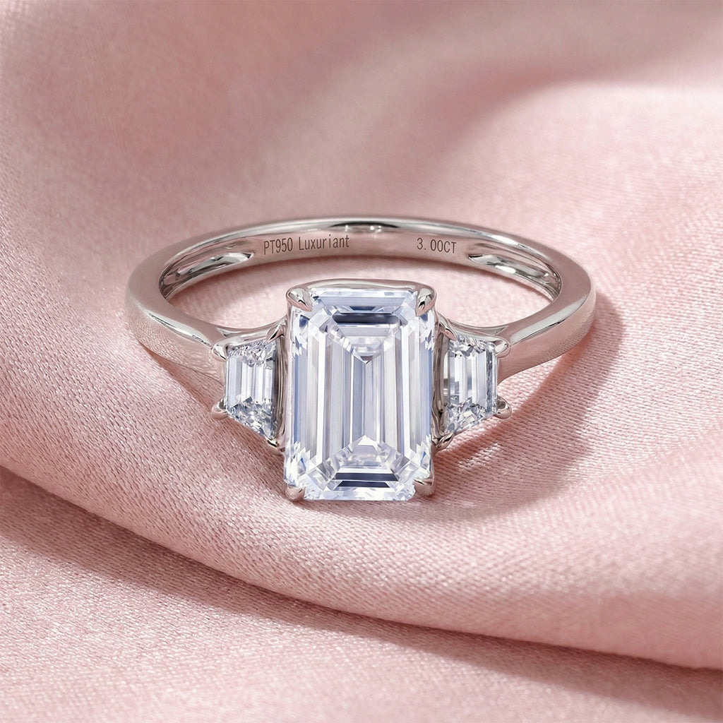 Luxuriant 950 Platinum IGI Certified VS/EF Emerald Cut Lab Grown Diamond Trilogy Ring 3.00 Ct_8509714_2