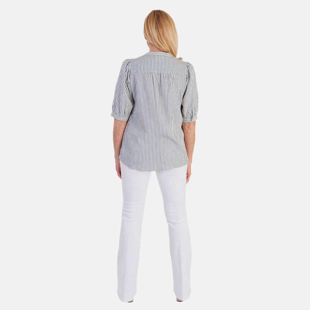 Marina Kaneva Striped V-Neck Line Blouse (Size 14) - Blue_8509870_2