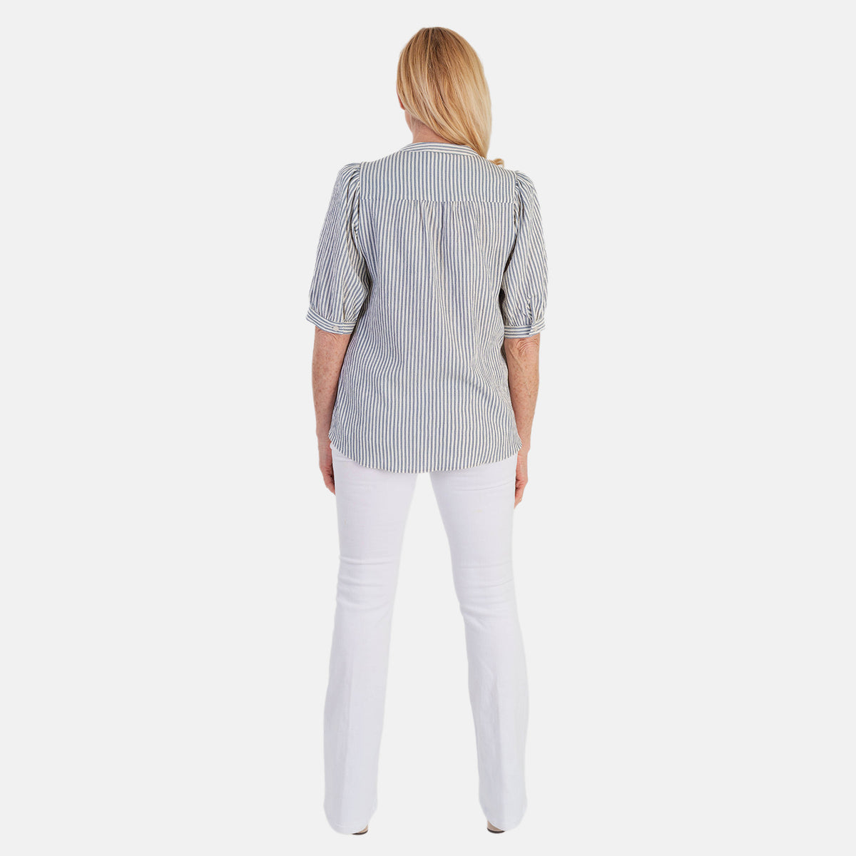 Marina Kaneva Striped V-Neck Line Blouse (Size 14) - Blue V32556869 2