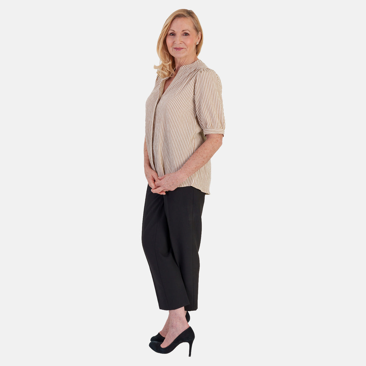 Marina Kaneva Striped V-Neck Line Blouse (Size 14) - Beige V32570364 3