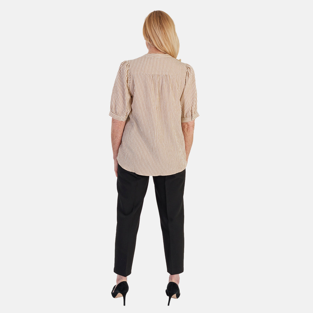 Marina Kaneva Striped V-Neck Line Blouse (Size 14) - Beige V32570364 4