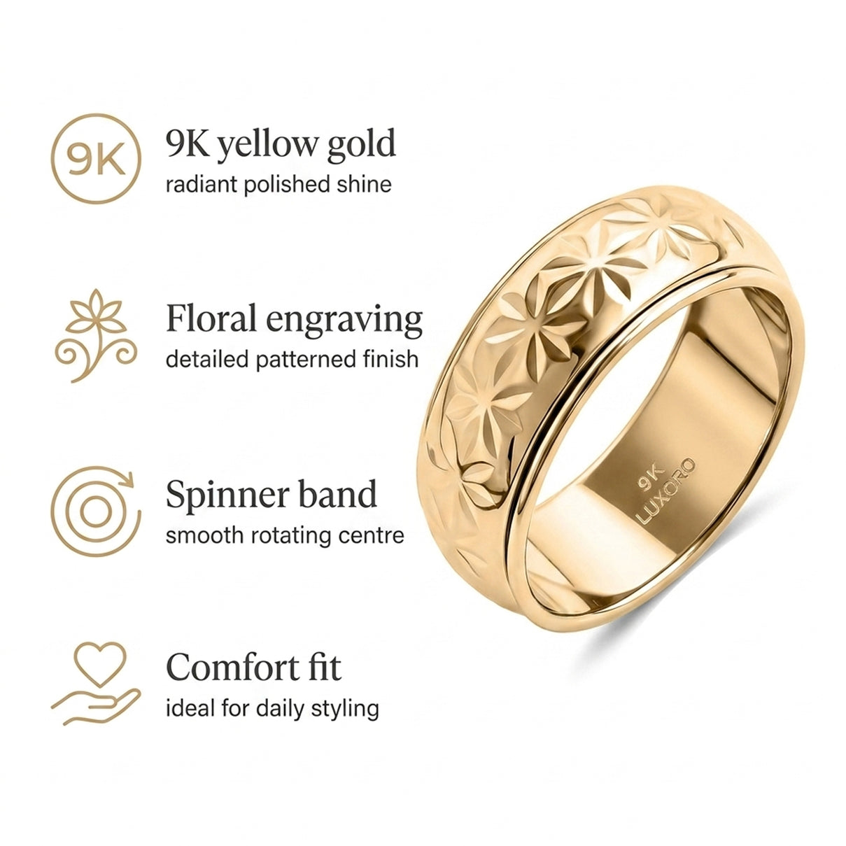 LUXORO - 9K Yellow Gold Floral Spinner Ring 8510534 4
