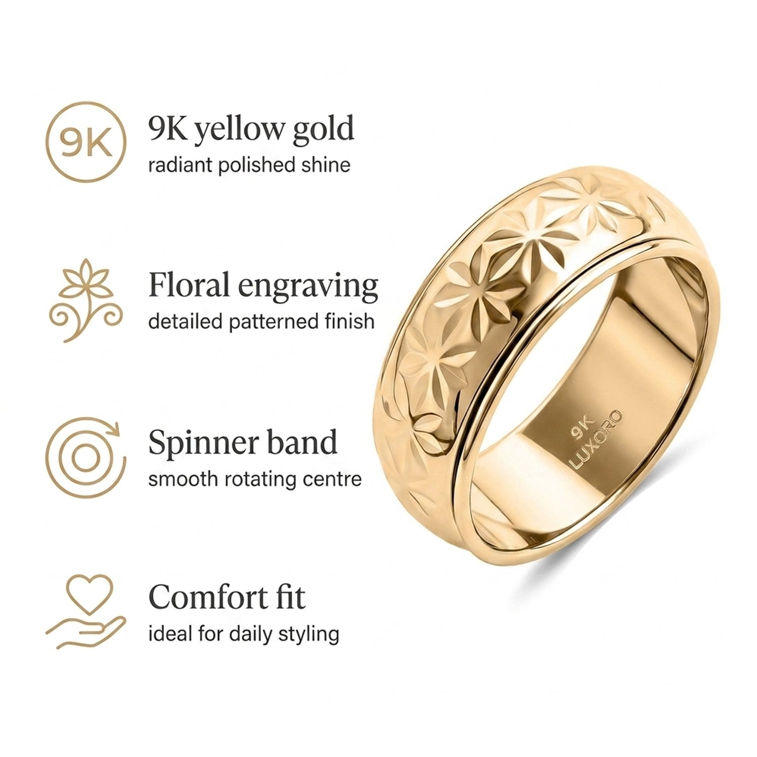 LUXORO - 9K Yellow Gold Floral Spinner Ring 8510534 4