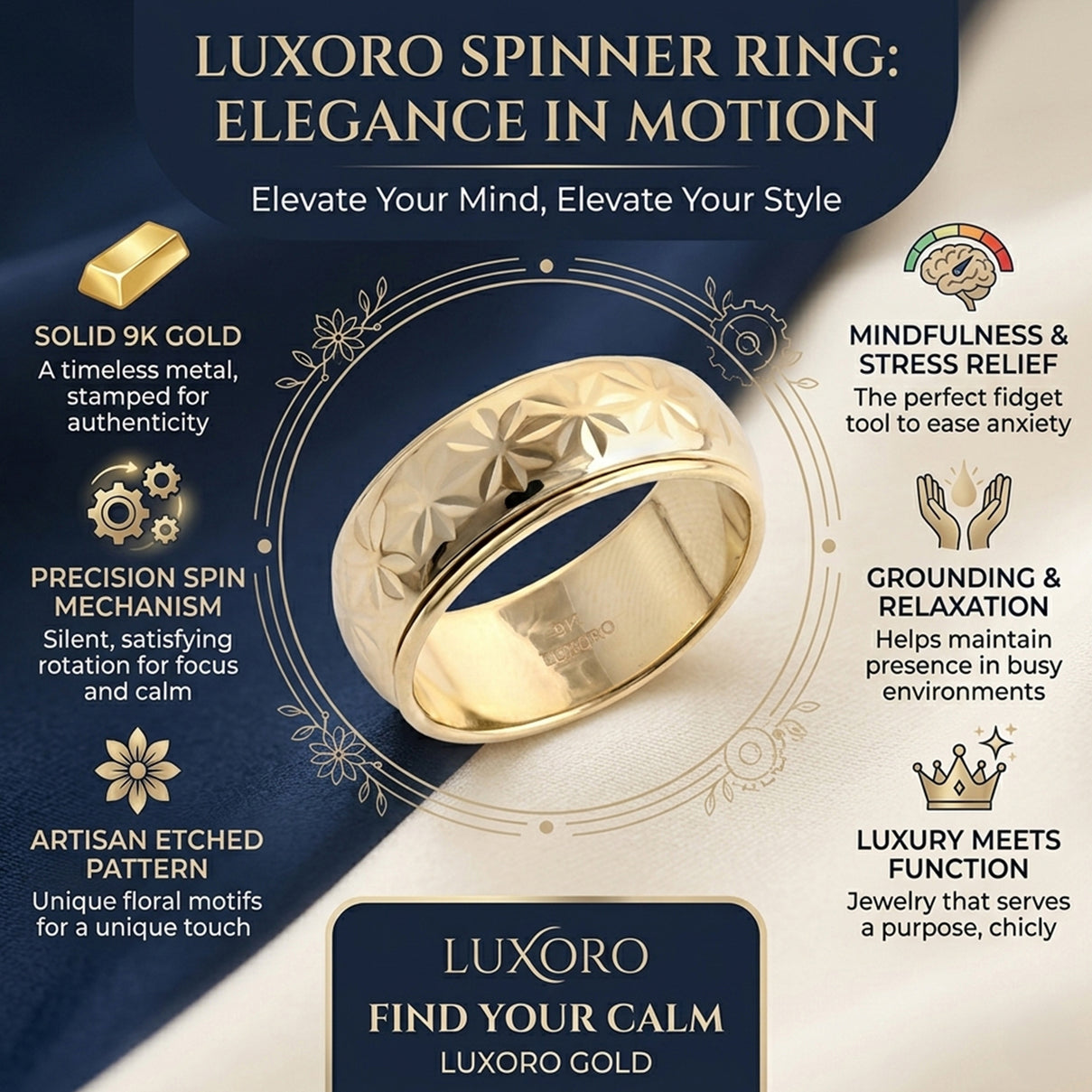 LUXORO - 9K Yellow Gold Floral Spinner Ring 8510534 5