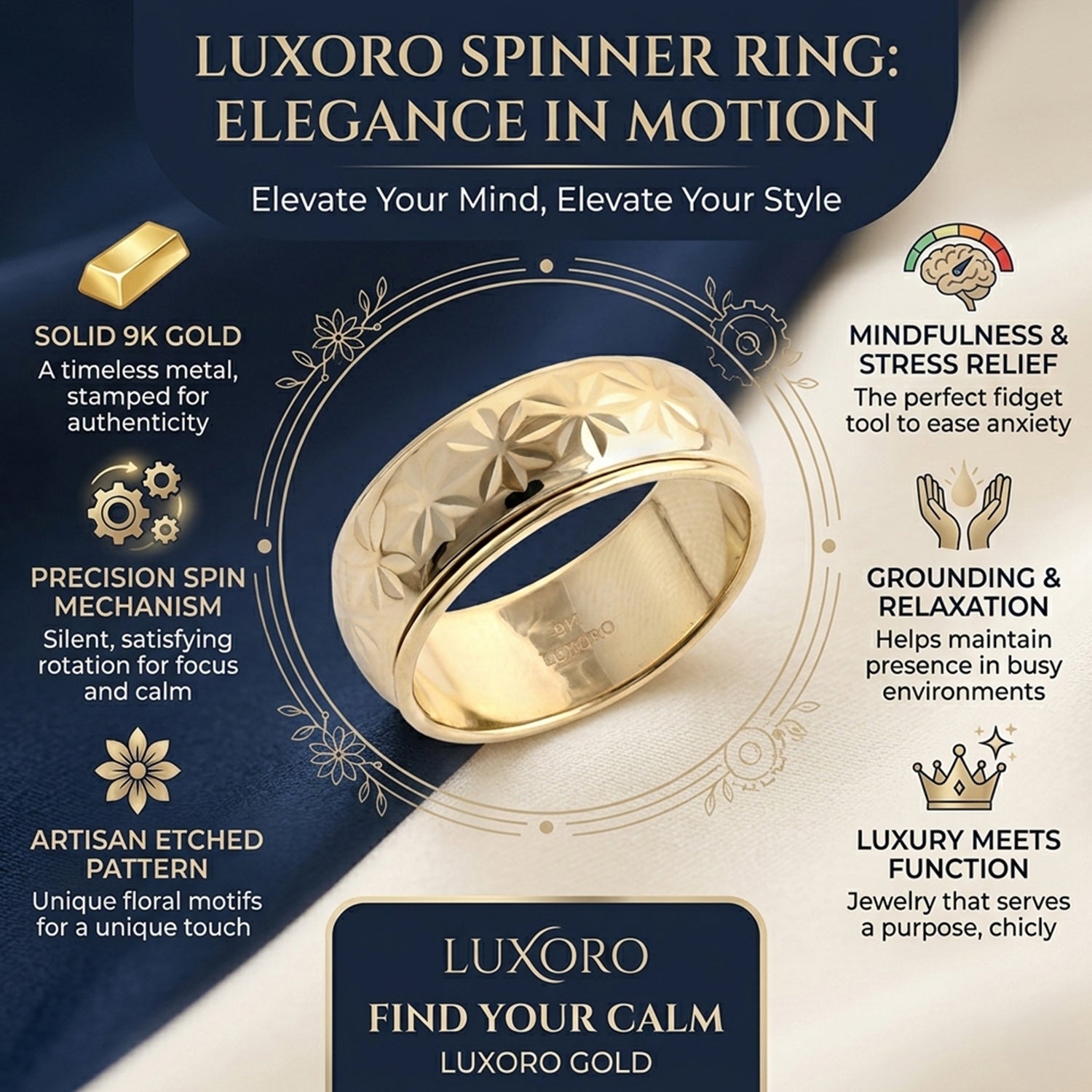LUXORO - 9K Yellow Gold Floral Spinner Ring 8510534 5