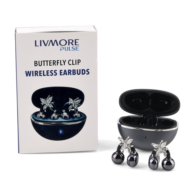 Wireless Ear Clip Butterfly Earrings Bluetooth Earbuds - Premium Bluetooth V6.0, 230mAh Charging Case 3-4 Hours Music Time - Shiny Black_8510543