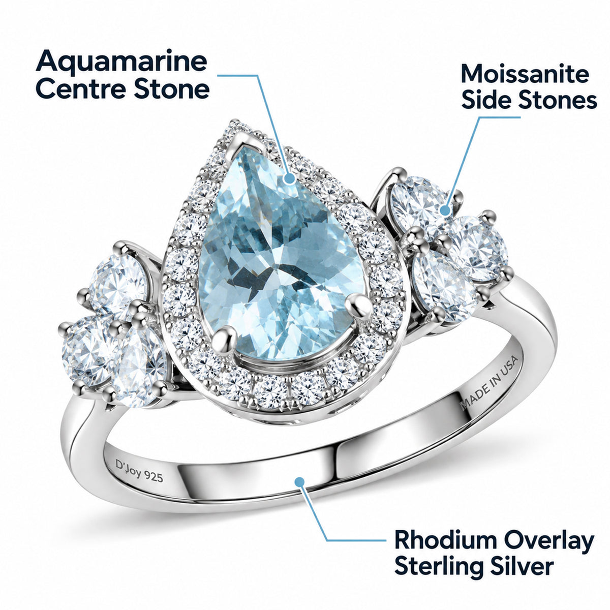 Certified and Appraised D'Joy Aquamarine, Moissanite Halo Ring in Rhodium Overlay Sterling Silver 3.240 Ct. 8512474 3