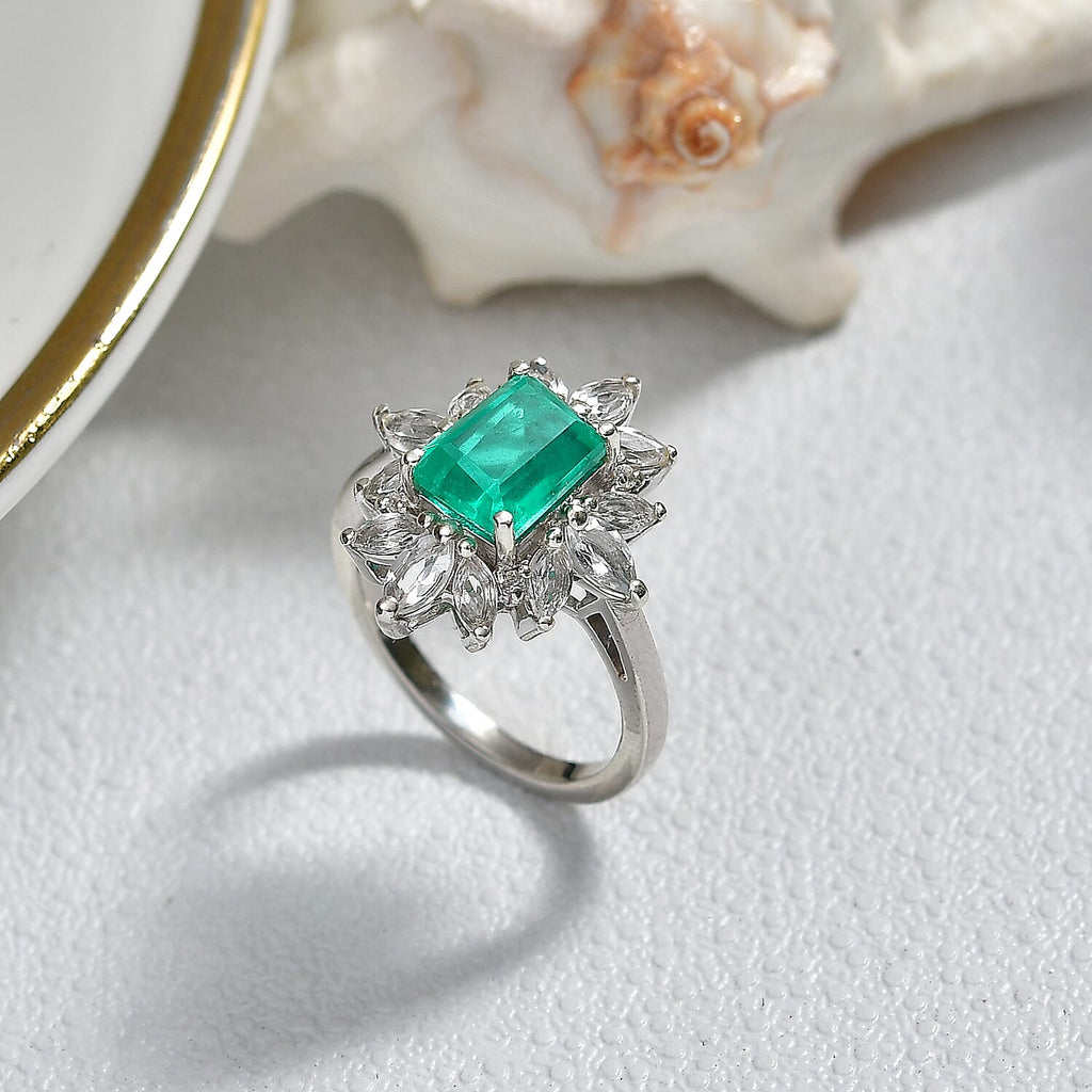 D'Joy Emeraldine Triplet Quartz & White Topaz Halo Ring in Rhodium Overlay Sterling Silver 3.54 Ct._8513240_2