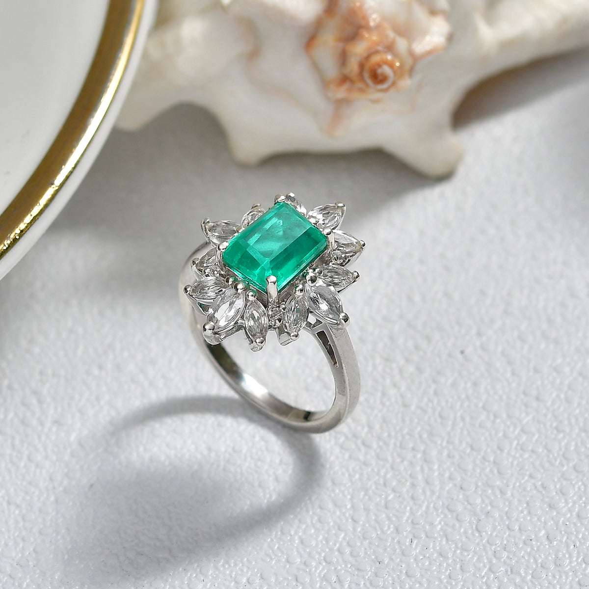D'Joy Emeraldine Triplet Quartz &amp; White Topaz Halo Ring in Rhodium Overlay Sterling Silver 3.54 Ct. V32524126 3