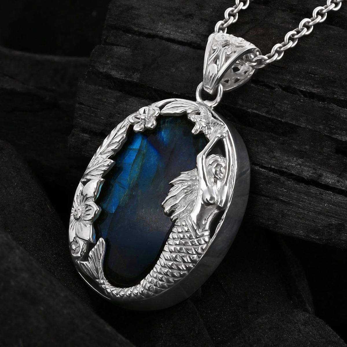 D'Joy Labradorite Sterling Silver Solitaire Mermaid Pendant 40.00 Ct. V32636086 3