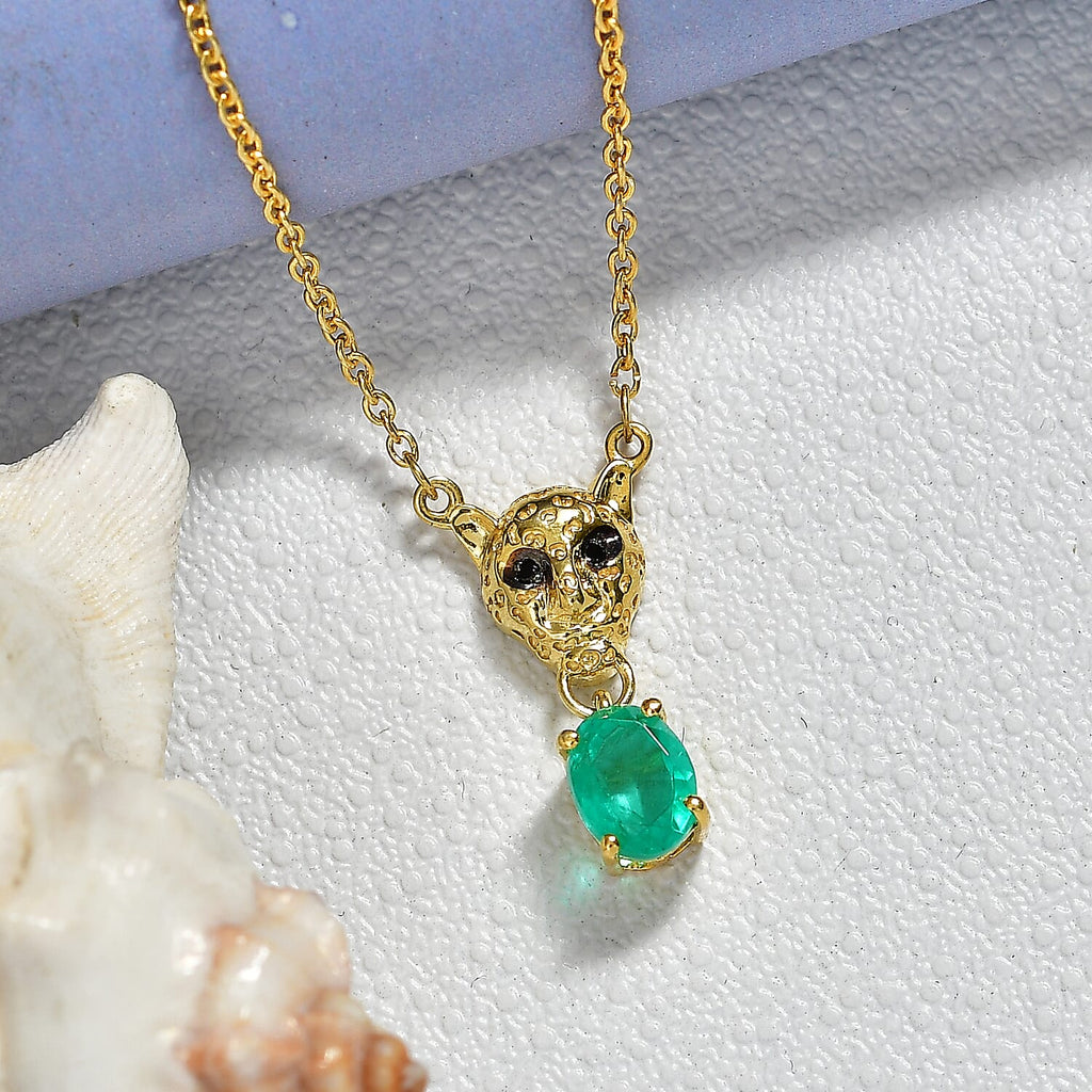 D'Joy Emeraldine Triplet Oval Cut & Black Spinel Panther Head Necklace (Size - 20) in Yellow Gold Tone 1.62 Ct._8513280_2