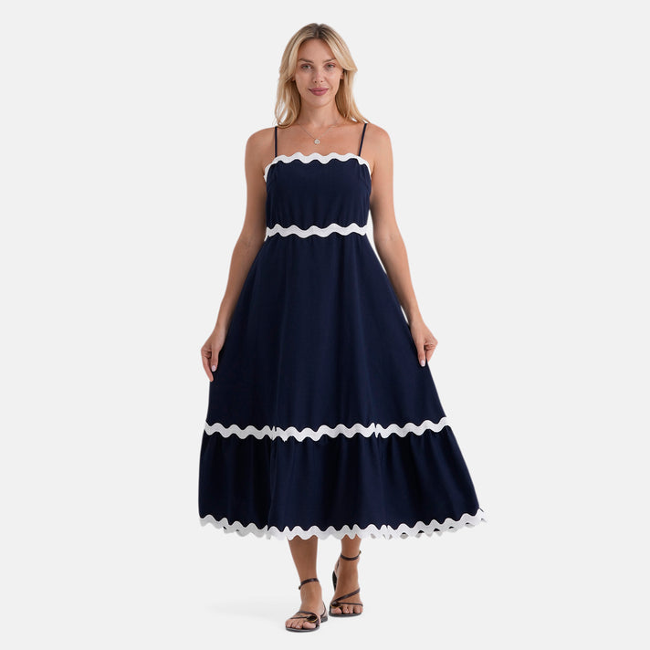 La Marey Square Neck Contrast Scallop Midi Dress (Size M, 12-14) - Navy Blue 8513343 1