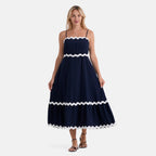 La Marey Square Neck Contrast Scallop Midi Dress (Size L, 16-18) - Navy Blue_8513349