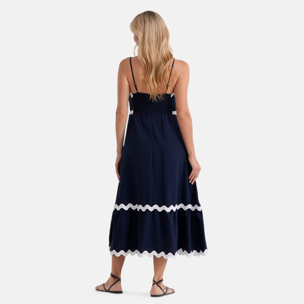 La Marey Square Neck Contrast Scallop Midi Dress (Size L, 16-18) - Navy Blue_8513349_2
