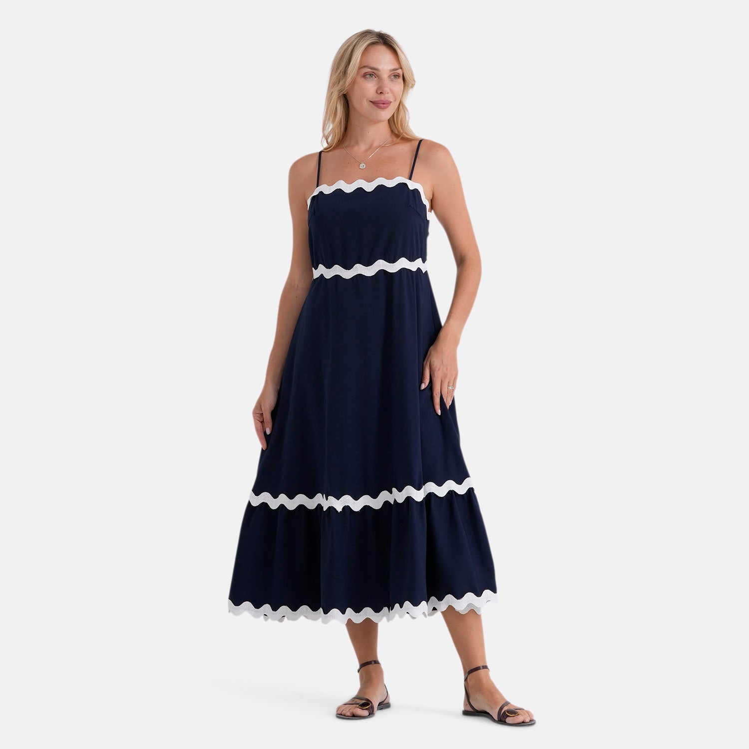 La Marey Square Neck Contrast Scallop Midi Dress (Size L, 16-18) - Navy Blue 8513349 4