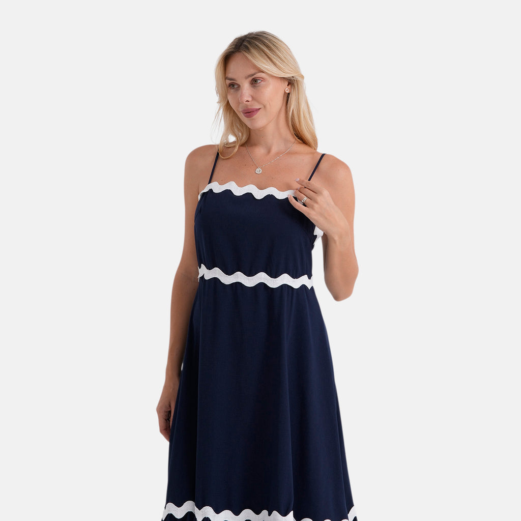 La Marey Square Neck Contrast Scallop Midi Dress (Size L, 16-18) - Navy Blue_8513349_5