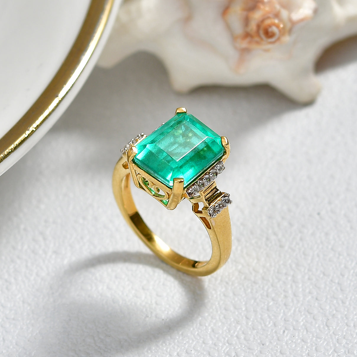 D'Joy Emeraldine Triplet Quartz &amp; White Zircon Ring in 18K Vermeil Yellow Gold Plated Sterling Silver 5.55 Ct. V32534058 3