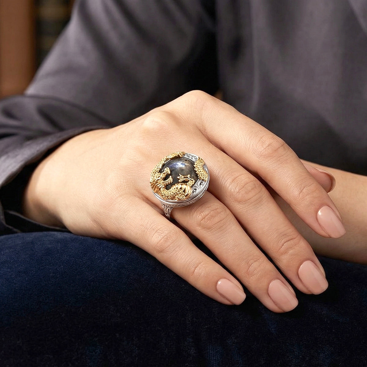 D'Joy Labradorite Dragon Ring in Yellow Gold Plated Sterling Silver 13.36 Ct V32598610 2