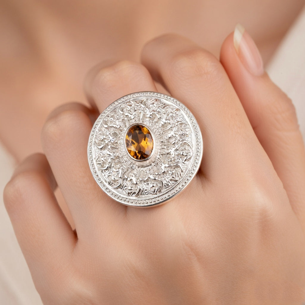 Royal Bali Collection- Kechak Dance Inspired - D'Joy Hessonite Garnet Ethnic Motif Ring in Sterling Silver, 1.50 Ct 8514122 2