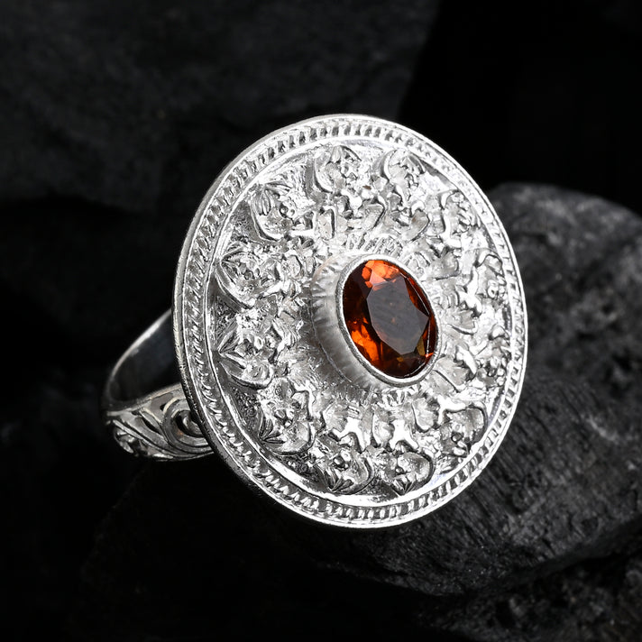 Kechak Dance Inspired - D'Joy Hessonite Garnet Ethnic Motif Ring in Sterling Silver, 1.50 Ct 8514124 2