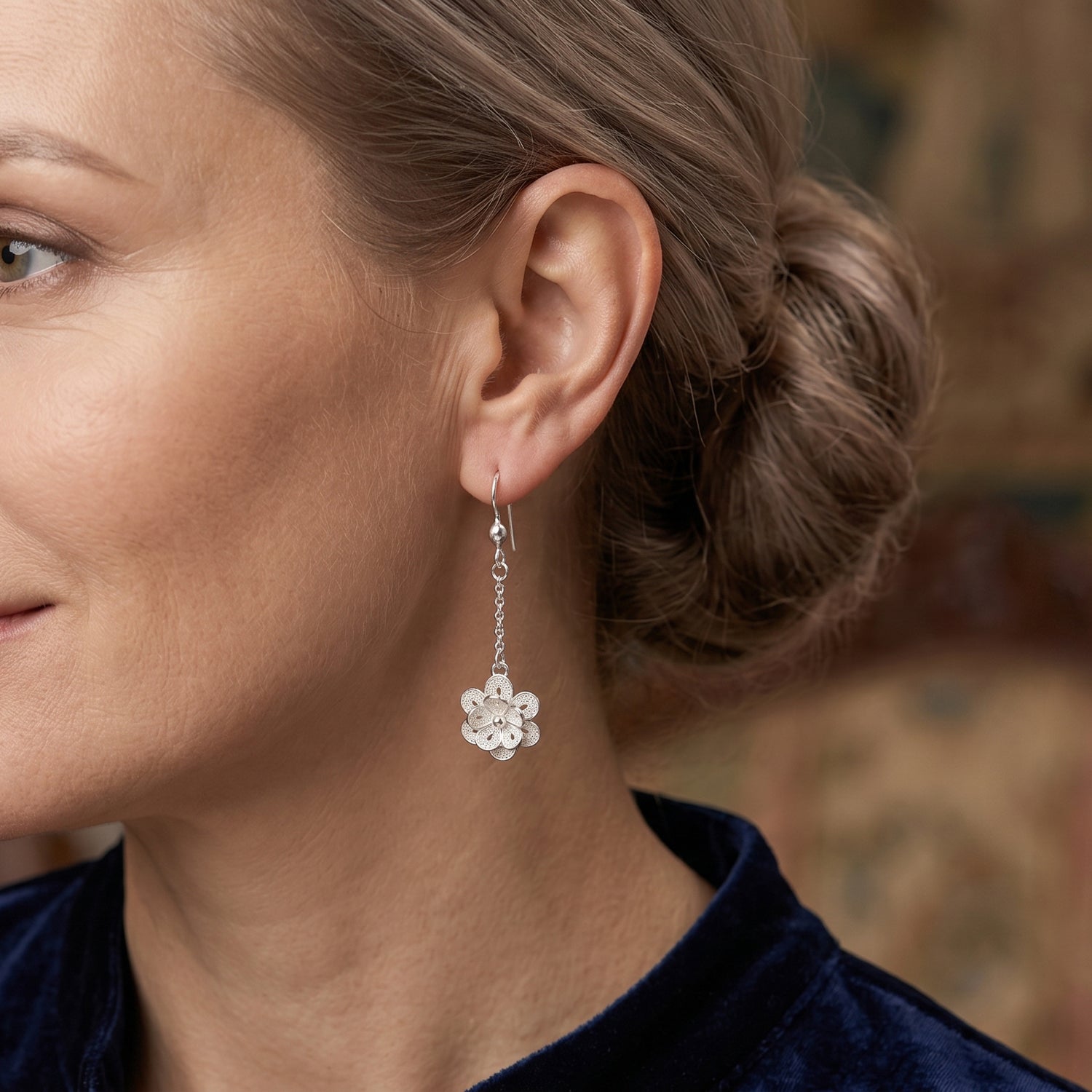 Royal Bali Collection - Sterling Silver Floral Drop Earring with Hook V32516767 2