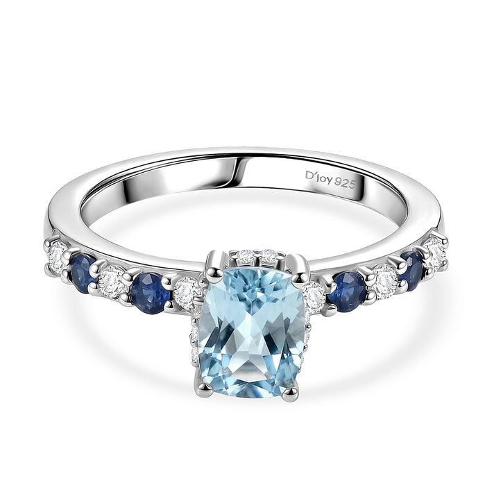 D'Joy Aquamarine, Blue Sapphire &amp; White Zircon Solitaire Ring in Rhodium Overlay Sterling Silver 1.40 Ct. 8514578 1