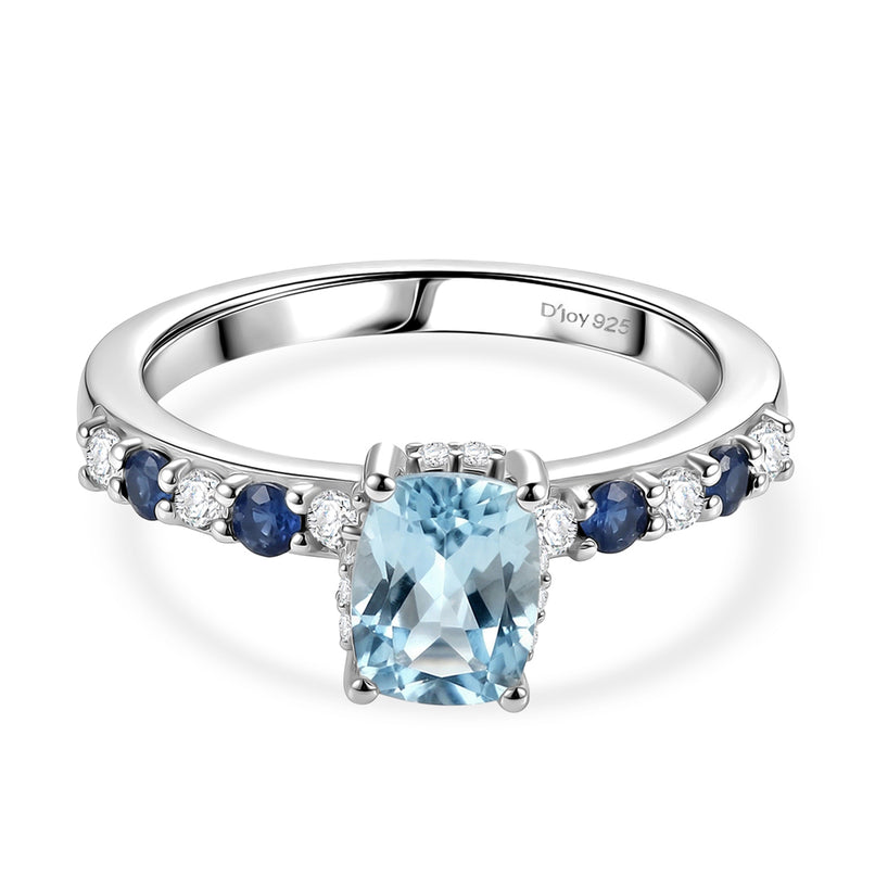 Royal Bali Collection - D'Joy Aquamarine, Blue Sapphire & White Zircon Solitaire Ring in Rhodium Overlay Sterling Silver 1.40 Ct._8514581