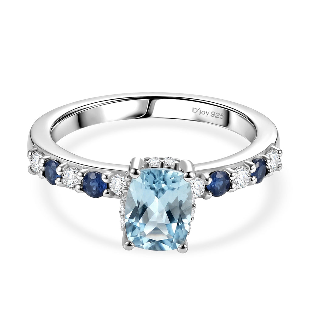 Royal Bali Collection - D'Joy Aquamarine, Blue Sapphire & White Zircon Solitaire Ring in Rhodium Overlay Sterling Silver 1.40 Ct._8514583