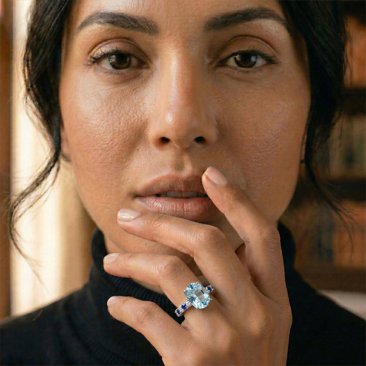 D'Joy Aquamarine, Blue Sapphire &amp; White Zircon Solitaire Ring in Rhodium Overlay Sterling Silver 1.40 Ct. V32513380 4