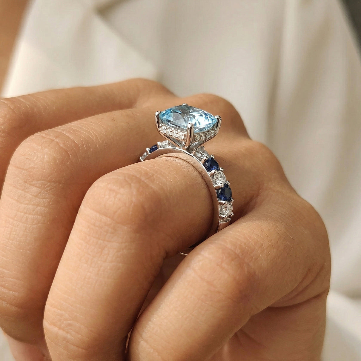 D'Joy Aquamarine, Blue Sapphire &amp; White Zircon Solitaire Ring in Rhodium Overlay Sterling Silver 1.40 Ct. V32513380 5