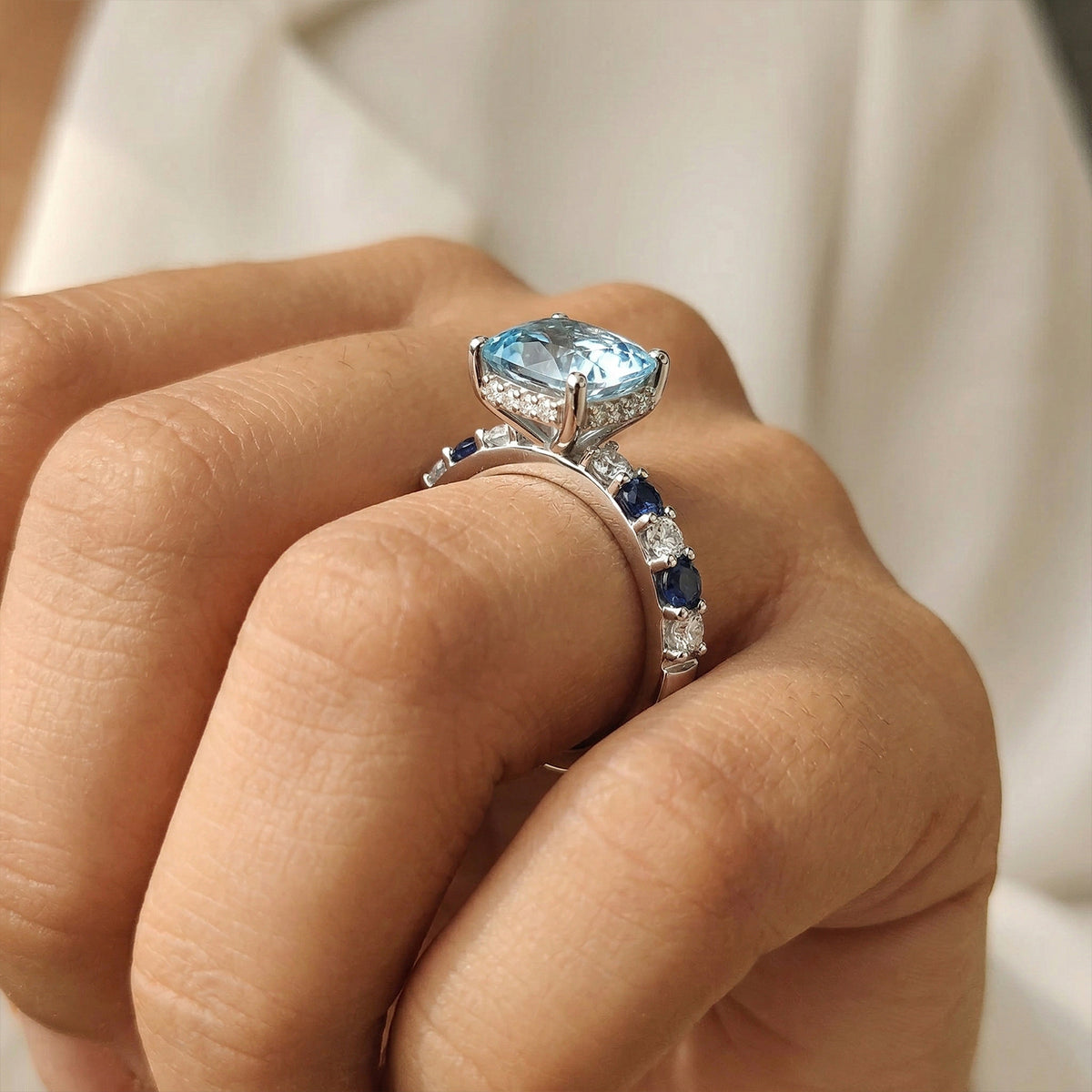 D'Joy Aquamarine, Blue Sapphire &amp; White Zircon Solitaire Ring in Rhodium Overlay Sterling Silver 1.40 Ct. V32513380 5