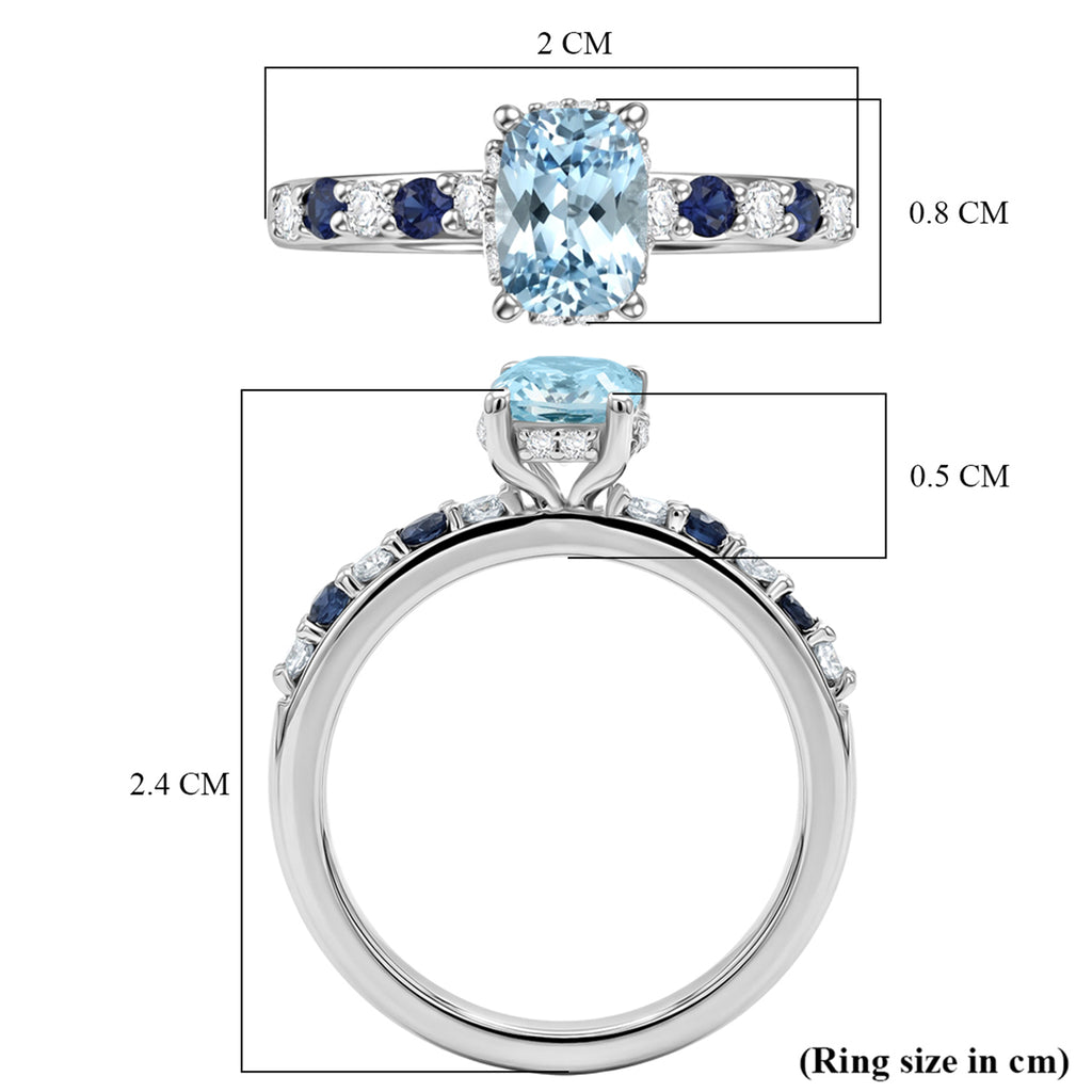 Royal Bali Collection - D'Joy Aquamarine, Blue Sapphire & White Zircon Solitaire Ring in Rhodium Overlay Sterling Silver 1.40 Ct._8514583_7