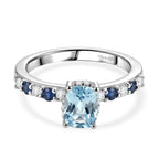 Royal Bali Collection - D'Joy Aquamarine, Blue Sapphire & White Zircon Solitaire Ring in Rhodium Overlay Sterling Silver 1.40 Ct._8514588