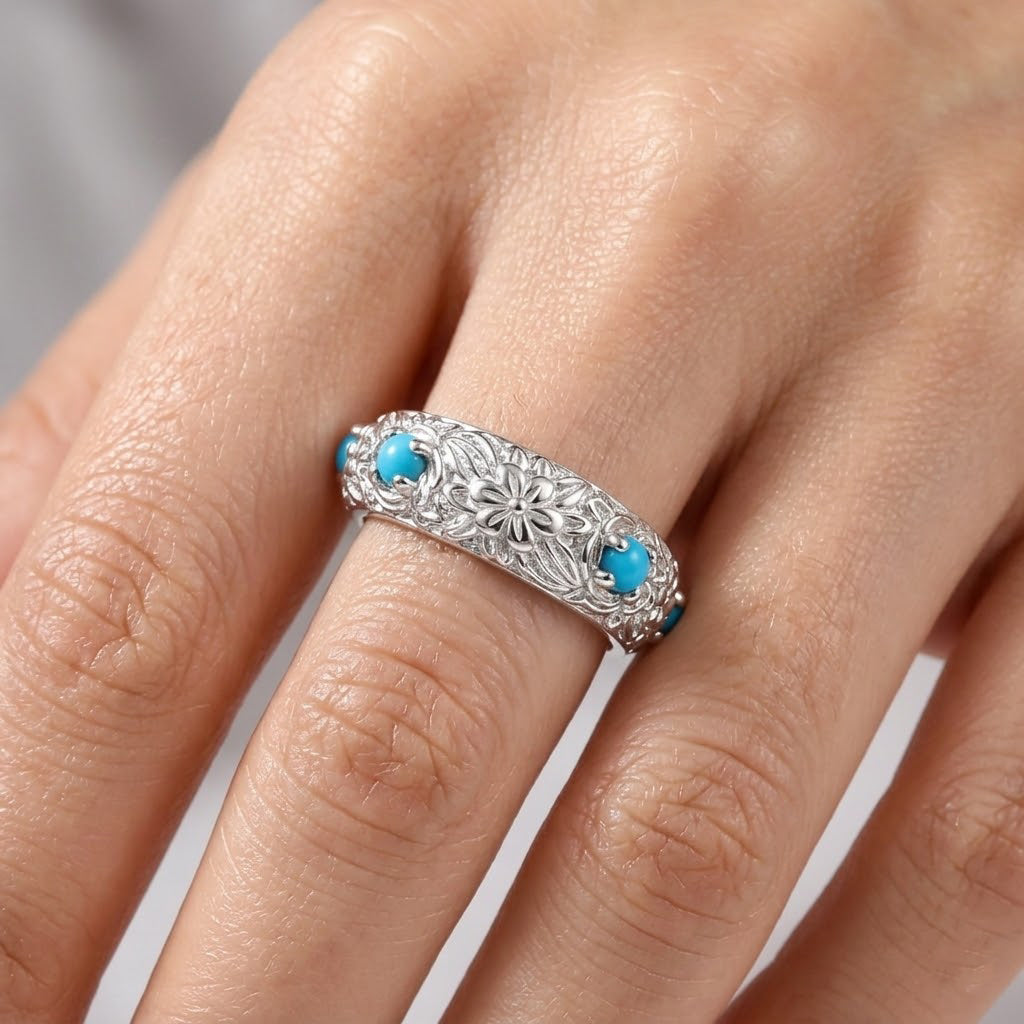 D'Joy Sleeping Beauty Turquoise Sterling Silver Floral Band Ring 0.50 Ct. V32516668 2