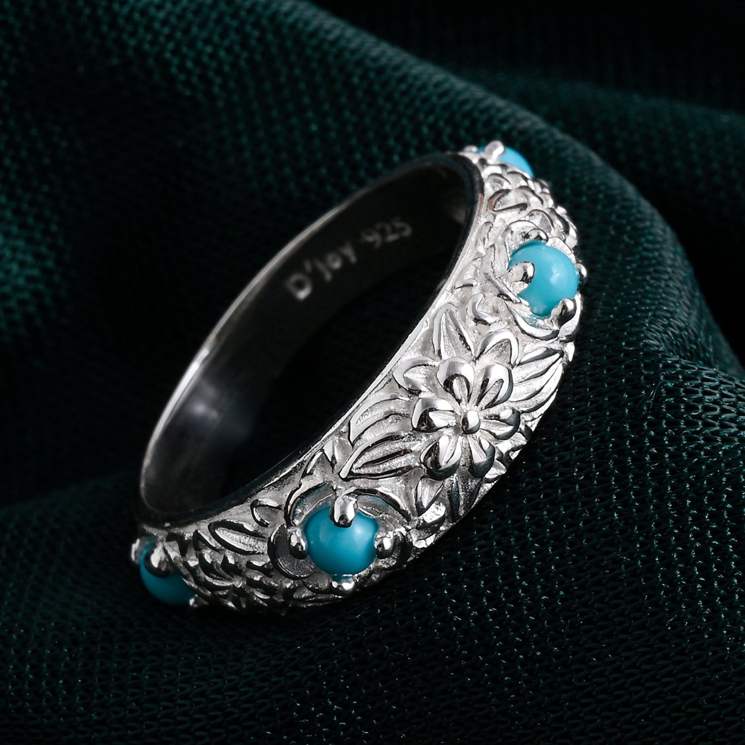 D'Joy Sleeping Beauty Turquoise Sterling Silver Floral Band Ring 0.50 Ct. V32516668 3