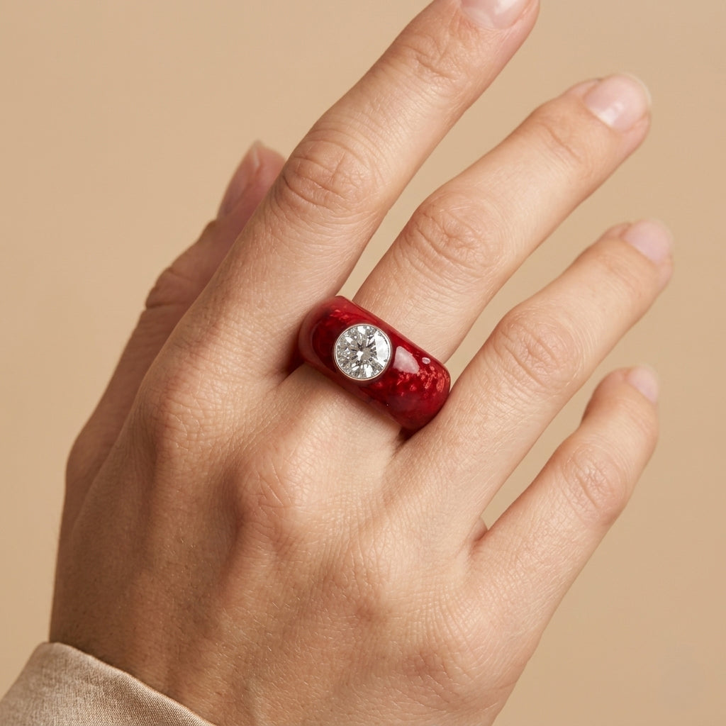 Royal Bali Collection - Moissanite & Red Coral Sterling Silver Band Ring 15.64 Ct._8515081_2