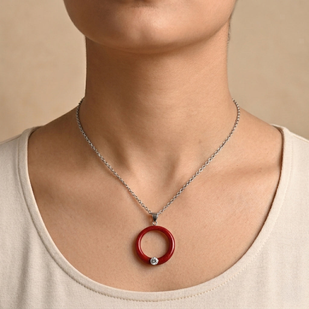 Royal Bali Collection - Moissanite &amp; Red Coral Sterling Silver Circle Pendant 22.60 Ct. 8515102 2