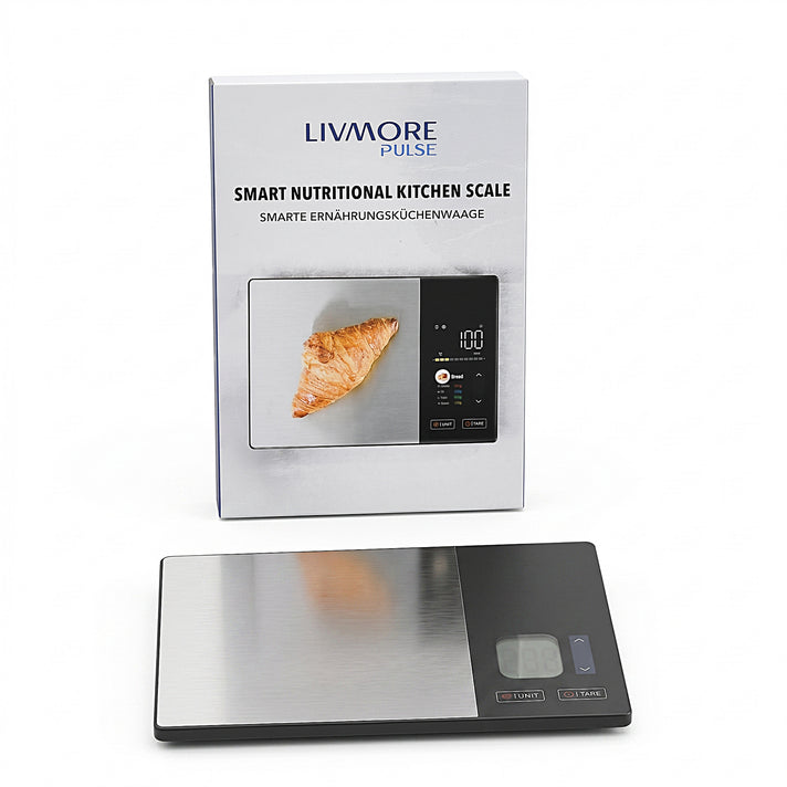 LIVMORE Smart Nutritional Kitchen Scale with 2feat TFT Colour Screen - Bluetooth Macro &amp; Calorie Tracker App Scale for Meal Prep, 5kg/11lb Capacity (230x160x17mm) 8515366 1
